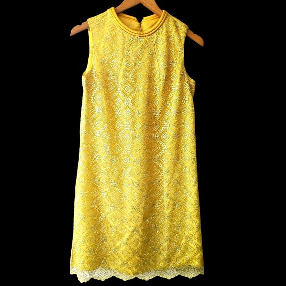 Vintage Mini Dress Yellow Sleeveless Metallic Lace Medium - Picture 1 of 10